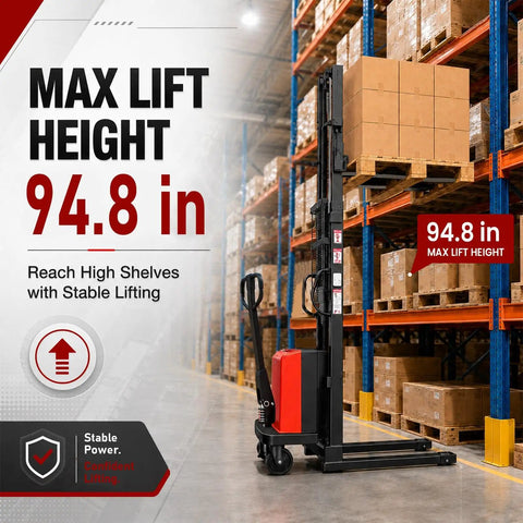 Heavy Duty Full Electric Pallet Stacker With 3500 Lb Load Capacity And 94 In Lift Height For Warehouse Forklift Work beside stacked boxes.