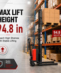 Heavy Duty 3500 Lbs Electric Pallet Stacker With Adjustable Forks, Powerful 1.6KW Motor And Smooth Lift Up To 94 Inches For Warehouse Tasks in action lifting pallets to 94.8 inches.