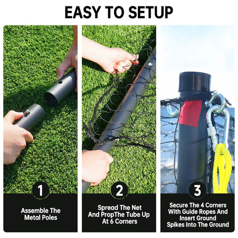 Steps to set up Backyard Batting Cage 30ft By 12ft By 8ft For Baseball And Softball With guide ropes and stakes on grass.