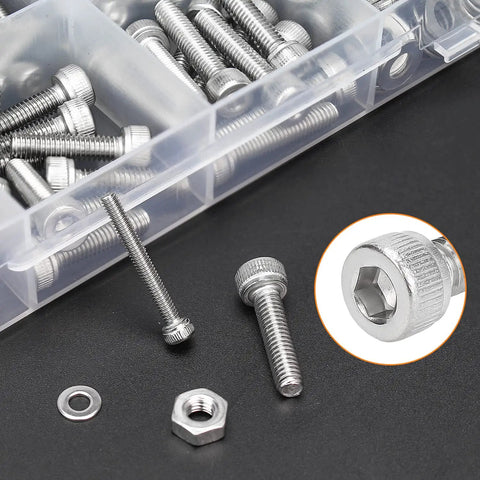 Close-up of All In One 1280 Piece Stainless Steel Hex Socket Cap Screw Kit M2 M2.5 M3 M4 With Nuts Washers And Hex Wrenches