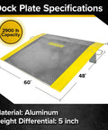 Beefy Aluminum Dock Plate 48 x 60 For Pallet Jacks And Hand Carts, 2900 Lb Capacity, Durable Loading Dock Bridge With High Visibility Yellow Curbs