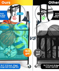 Garage Sports Gear Organizer Rack With Steel Construction Basketball Rack comparison showing larger storage bin size and thickness.