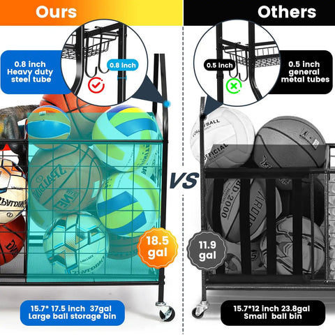 Garage Sports Gear Organizer Rack With Steel Construction Basketball Rack comparison showing larger storage bin size and thickness.