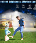 Motion Sensor Outdoor Security Lights With Remote, 2500 Lumens Ultra Bright LED illuminating garage and yard at night