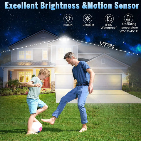 Motion Sensor Outdoor Security Lights With Remote, 2500 Lumens Ultra Bright LED illuminating garage and yard at night