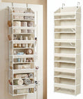 Premium Six Tier Over The Door Shoe Organizer In Durable Soft Ivory Fabric For Closets And Entryways hanging on door with towels and beauty products.