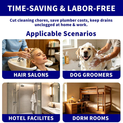 Image depicting multiple scenarios for Heavy Duty Disposable Shower Drain Hair Catcher with extra tacky waterproof mesh.