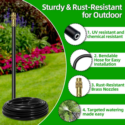 Efficient Drip Irrigation Kit With 40 Ft Tubing And 13 Adjustable 360 Degree Copper Nozzles For Easy Install No Fuss Auto Atomizing Plant Watering In The Garden Yard Lawn Greenhouse And Potted, tubing and nozzle details shown.