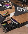 No Fuss Under Desk Slide Out Drawer With Lockable Metal Organizer and Smart Cable Routing For Clean Home Office Setup Matte Black Heavy Duty Carbon Steel Console storing office supplies in a desk.
