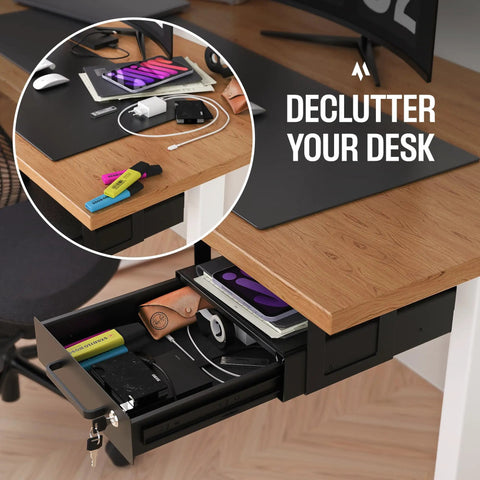 Under Desk Sliding Drawers With Smooth Rollout Action And Lockable Hardware Matte Black Steel Storage Organizer with office essentials.