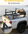 Beefy Yet Lightweight Aluminum Truck Bed Ladder Rack With Side Rails 1500 Lbs Capacity Stepless Height Adjust From 19 To 25 Inches Body Angle Matched Design Fits Toyota Tacoma Jeep Gladiator Mid Size Pickup on white pickup, no-drill install
