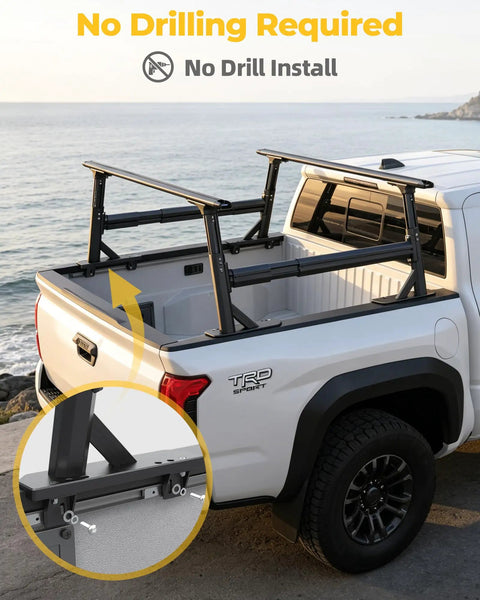 Beefy Yet Lightweight Aluminum Truck Bed Ladder Rack With Side Rails 1500 Lbs Capacity Stepless Height Adjust From 19 To 25 Inches Body Angle Matched Design Fits Toyota Tacoma Jeep Gladiator Mid Size Pickup on white pickup, no-drill install