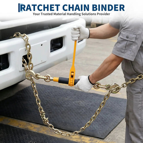 Heavy Duty 2 Pack Ratchet Load Binder Set With Grade 80 Chain And Grab Hooks 9200 Lbs Capacity in use securing cargo.