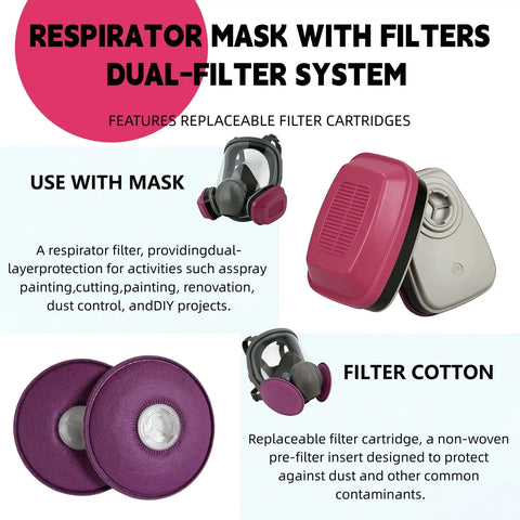 Full Face Reusable Respirator Mask Set Pro Grade With Wide Angle Anti Fog Lenses for Painting Welding Sanding Woodworking Construction