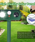 Close-up of Solar Ultrasonic Animal Deterrent with Motion Sensor and LED Strobe in garden landscape