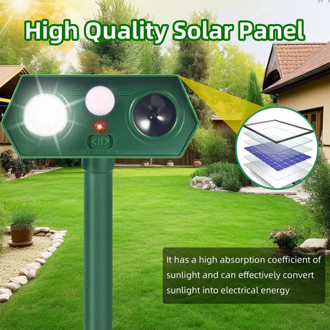 Close-up of Solar Ultrasonic Animal Deterrent with Motion Sensor and LED Strobe in garden landscape