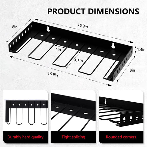Diagram of Power Tool Organizer Wall Mount Two Tier Storage Rack, dimensions 16.9x8x1.4 inches, with metal construction details.