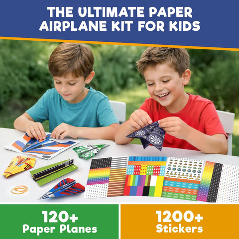 Ultimate Paper Airplane Craft Kit For Kids Ages 4 And Up With 120 Planes Across 10 Designs To Build Fly And Experiment While Learning Flight Science Through Hands On STEM Fun with two boys folding paper planes and stickers