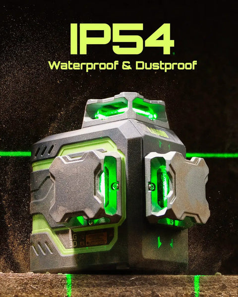 3D Laser Level Self Leveling 360 Degree Green Beam Cross Line showing IP54 waterproof and dustproof features
