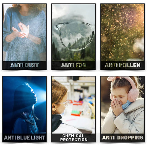 Collage showcasing uses of Anti Fog Safety Glasses With Anti Blue Light, Protective Eyewear including anti dust, fog, pollen, blue light, chemical protection, and dropping features.