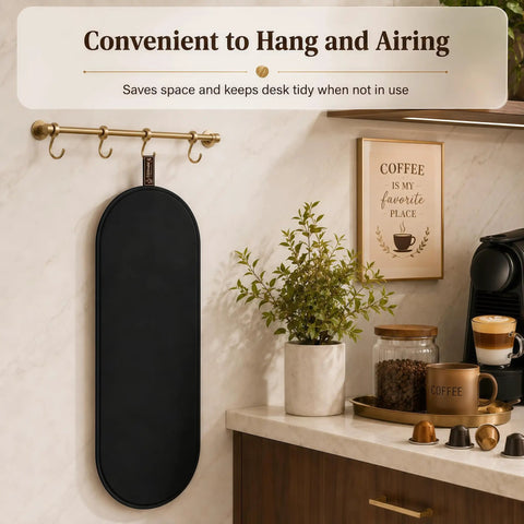 Smooth Glide Sliding Mat With Anti Slip Base For Nespresso Essenza Mini EN85 hanging on a hook in a kitchen
