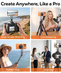 All Metal MagSafe Tripod Mount With 360 Degree Adjustable Phone Holder in diverse creative settings like dual-screen shooting and vlogs