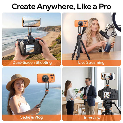 All Metal MagSafe Tripod Mount With 360 Degree Adjustable Phone Holder in diverse creative settings like dual-screen shooting and vlogs