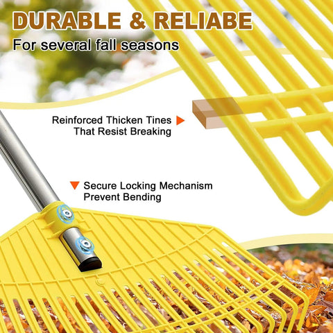 Close-up of Heavy Duty Leaf Rake With 16.5 Inch Nylon Head And 51 Inch Adjustable Stainless Steel Handle, showing reinforced tines.