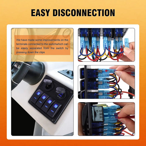 Waterproof 6 Gang Rocker Switch Panel for Boats and RVs with 12V/24V Power, easy disconnection clips shown in detail.