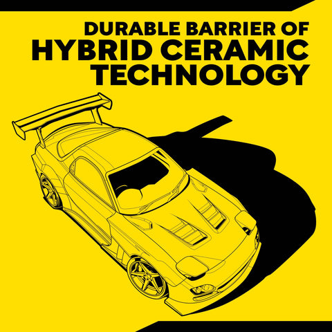 Illustration of a sports car with a spoiler, emphasizing durable hybrid ceramic technology, related to Easy Spray On Ceramic Wax For Cars With SiO2 Hybrid Barrier Technology Simple Hose And Towel Detail No Mess Quick Shine And Long Lasting Protection In A 26 Oz Bottle.