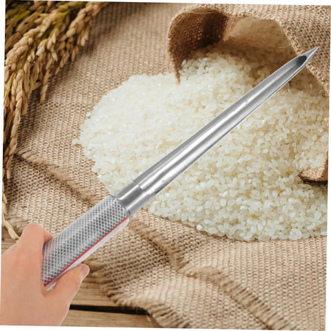 Stainless Steel Grain Sampler Probe Tool With Rubber Grip For Outdoor Gardening And Farm Use held over a sack of grains.