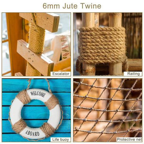 6mm jute twine used for a cat scratching post, railing wrap, life buoy decoration, and protective net