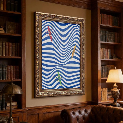 Coastal Kayaking Wall Art Ocean Decor Poster Abstract Wave Print Rowing Artwork displayed in framed setting in classic room