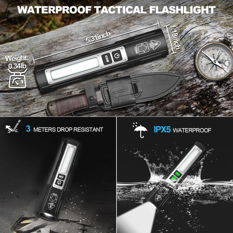 Rechargeable High Lumens Tactical Flashlight With 8 Modes, Compact Pocket Magnetic Light next to knife, compass, showing waterproof feature