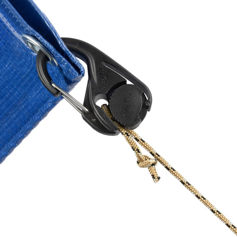 CamJam Cord Tightener With Carabiner Clip For Camping And Outdoor Tying Down Gear Knot Free Rope Tensioner attached to tarp
