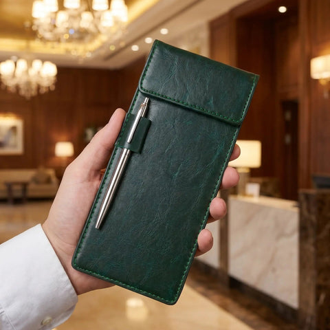 Double Layer Magnetic Signature Board With Soft Leather Cover And Built In Pen Sleeve For Restaurant Receipts And Office Signing Compact Counter Pad held in hand.