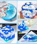 Epoxy Resin Art Kit With Silicone Molds, 16oz Resin, 12 Color Glitter, Dried Flowers showcasing round and geometric resin art pieces.