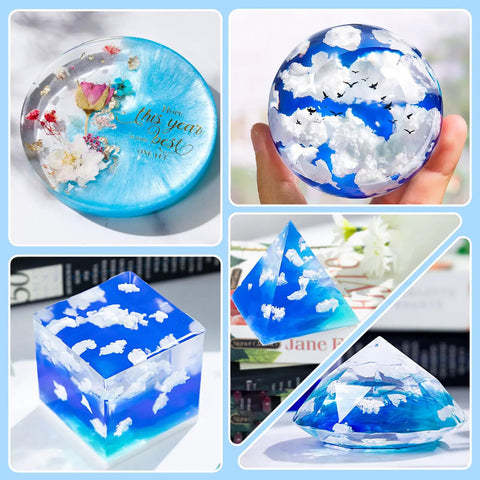 Epoxy Resin Art Kit With Silicone Molds, 16oz Resin, 12 Color Glitter, Dried Flowers showcasing round and geometric resin art pieces.