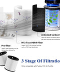 2 Packs D10 Replacement Filters For Tailulu D10 Air Purifier 3 In 1 Premium Activated Carbon Filter diagram showing 3-stage filtration.