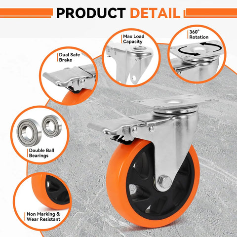 Built Tough 5 Inch Swivel Caster Wheels With Dual Brakes Set Of 4, showcasing dual brake and double ball bearings.