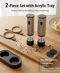 2 Pack Rechargeable Electric Salt And Pepper Grinder Set With USB Type C Charging on wooden board with accessories