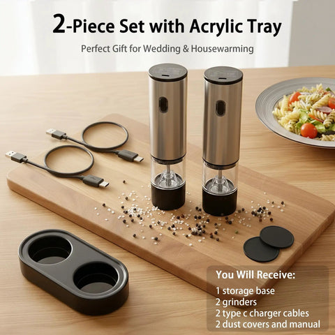 2 Pack Rechargeable Electric Salt And Pepper Grinder Set With USB Type C Charging on wooden board with accessories