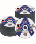 Heavy Duty 25 Pack 4 Inch Grinding Wheels For Angle Grinder Featuring Aluminum Oxide Depressed Center Design For Stainless Steel And General Metal Smooth Operator Quick Cut Action stacked together, showing discs and labels.