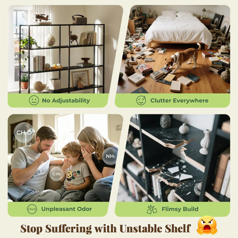 Comparison of cluttered room, unstable shelf, and sturdy 5 tier display bookcase with 10 open shelves and raised backboard.
