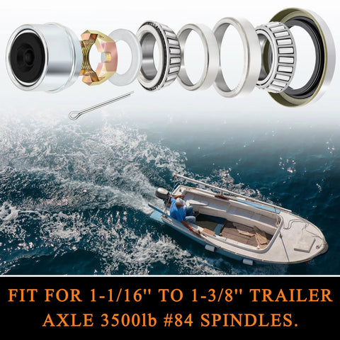 Two 3500 lb trailer bearing kits for 1-1/16 to 1-3/8 in spindles with grease seal, spindle nuts and dust caps