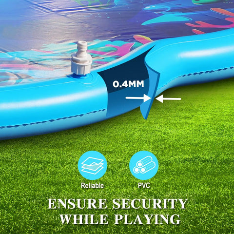 Close-up of Sea World 75 Inch Splash Pad Sprinkler for Kids and Dogs showing 0.4mm thick PVC material and safety features.