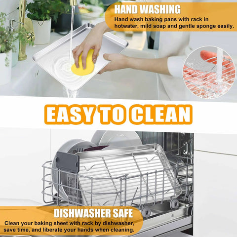Image demonstrating Stainless Steel Quarter Sheet Pan With Rack 9x13 Inch being easy to clean by hand wash and dishwasher safe.