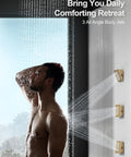 20 Inch Ceiling Mount Led Shower Head With Bluetooth Speaker Handheld Sprayer Brushed Gold Finish next to three body jets in use.