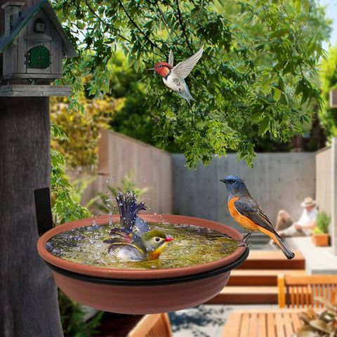 Built Tough Tree Mounted Bird Feeder With Brick Red Bath Tray 8.5 Inch Diameter 1.85 Inch Deep installed on a tree with birds.