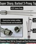 36 Inch Travel Ready Underwater Spear For Lionfish Frog And Flounder Gigging with stainless steel barbed 3-prong tip closeup.